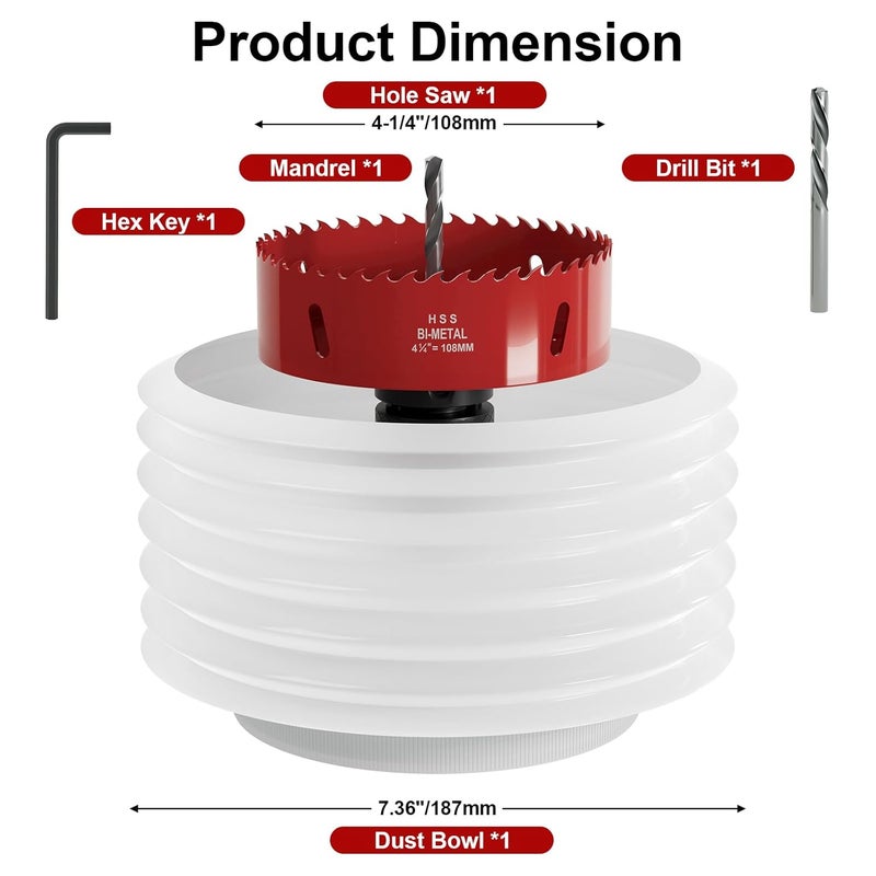 FIVELAKE 4-1/4" (108mm) Bi-Metal M42 High Speed Steel Hole Saw with Dust Bowl and Pilot Drill Bit, Smooth Cutting Edge for PVC, Drywall, Wood, Plastic, Gypsum Board, Rubber, Thin Metal - Image 2